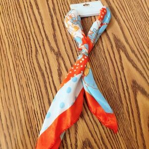 Silky Floral & Polka Dot Neck Scarf — Orange, Light Blue & White